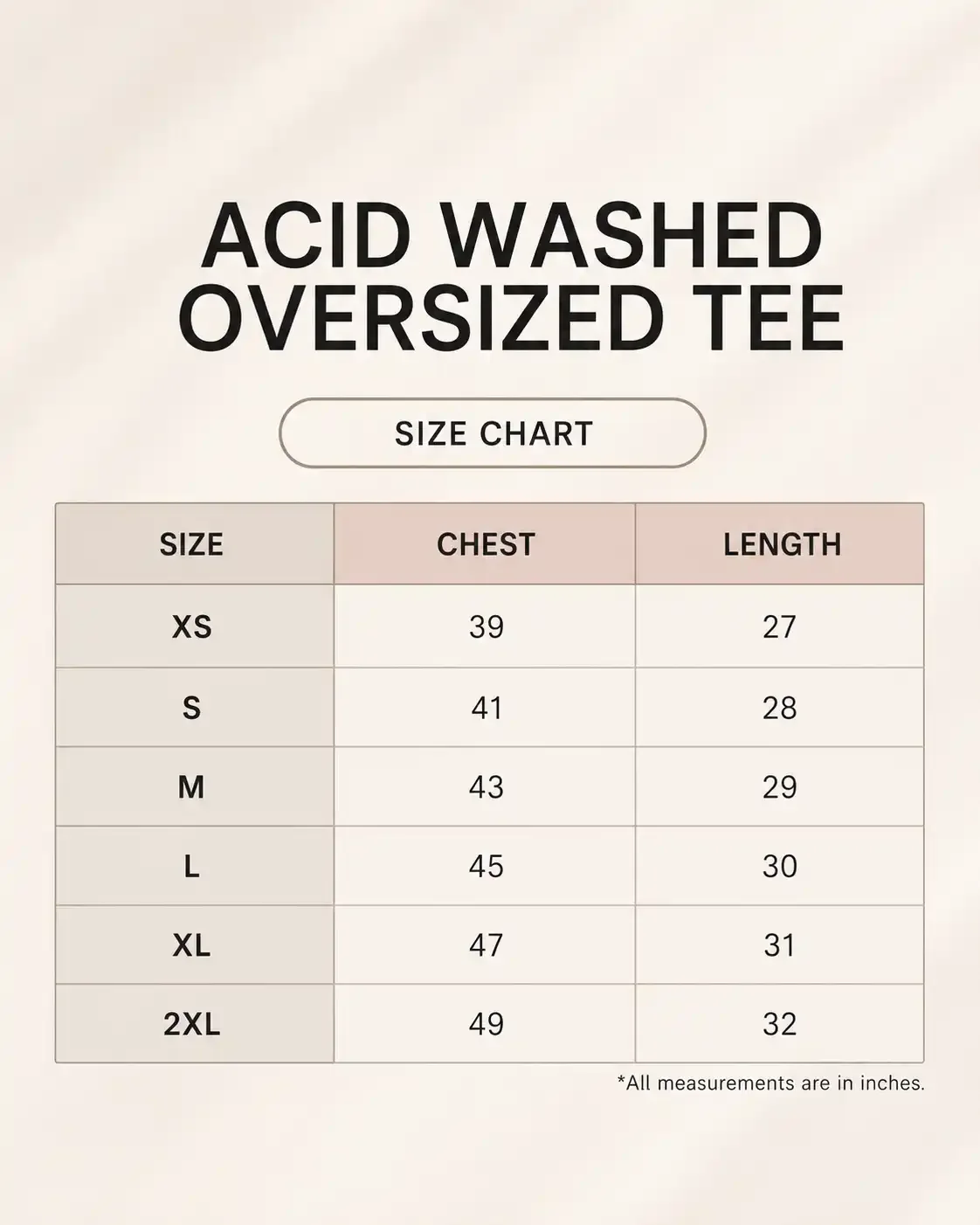 Acid Washed Tshirt size guide