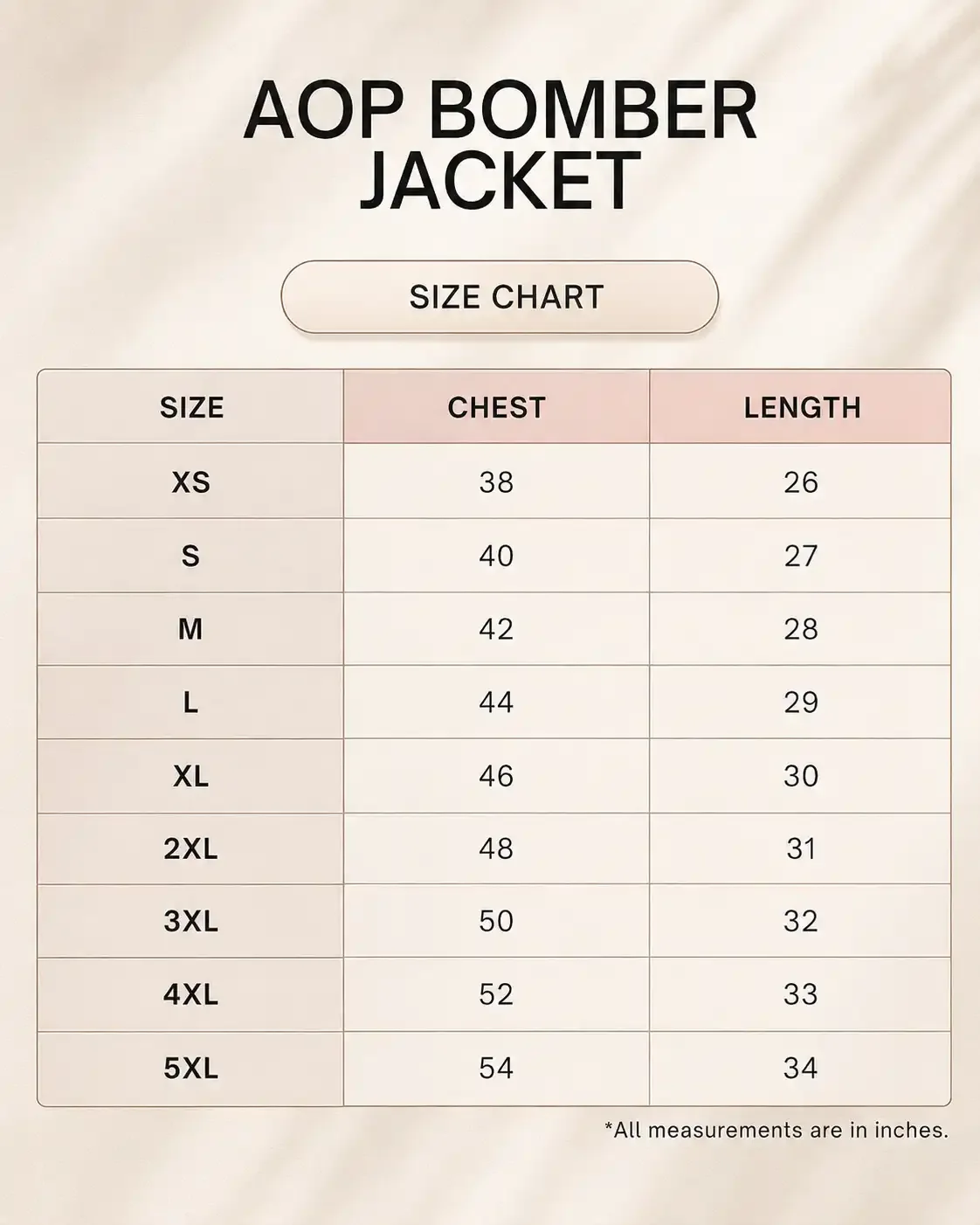 Bomber Jackets size guide