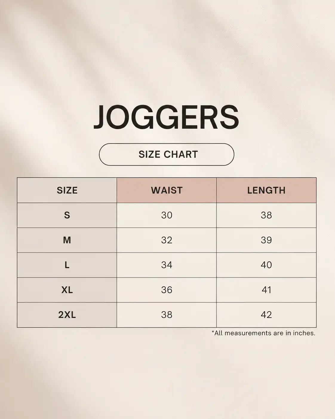 Comfort Joggers size guide chart