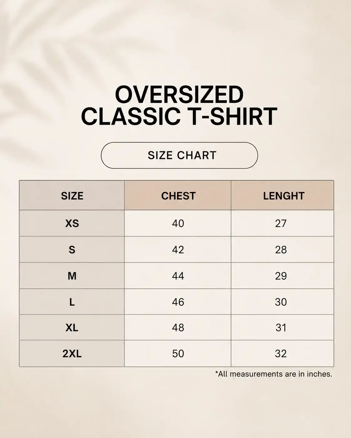 Oversize Tshirt size guide