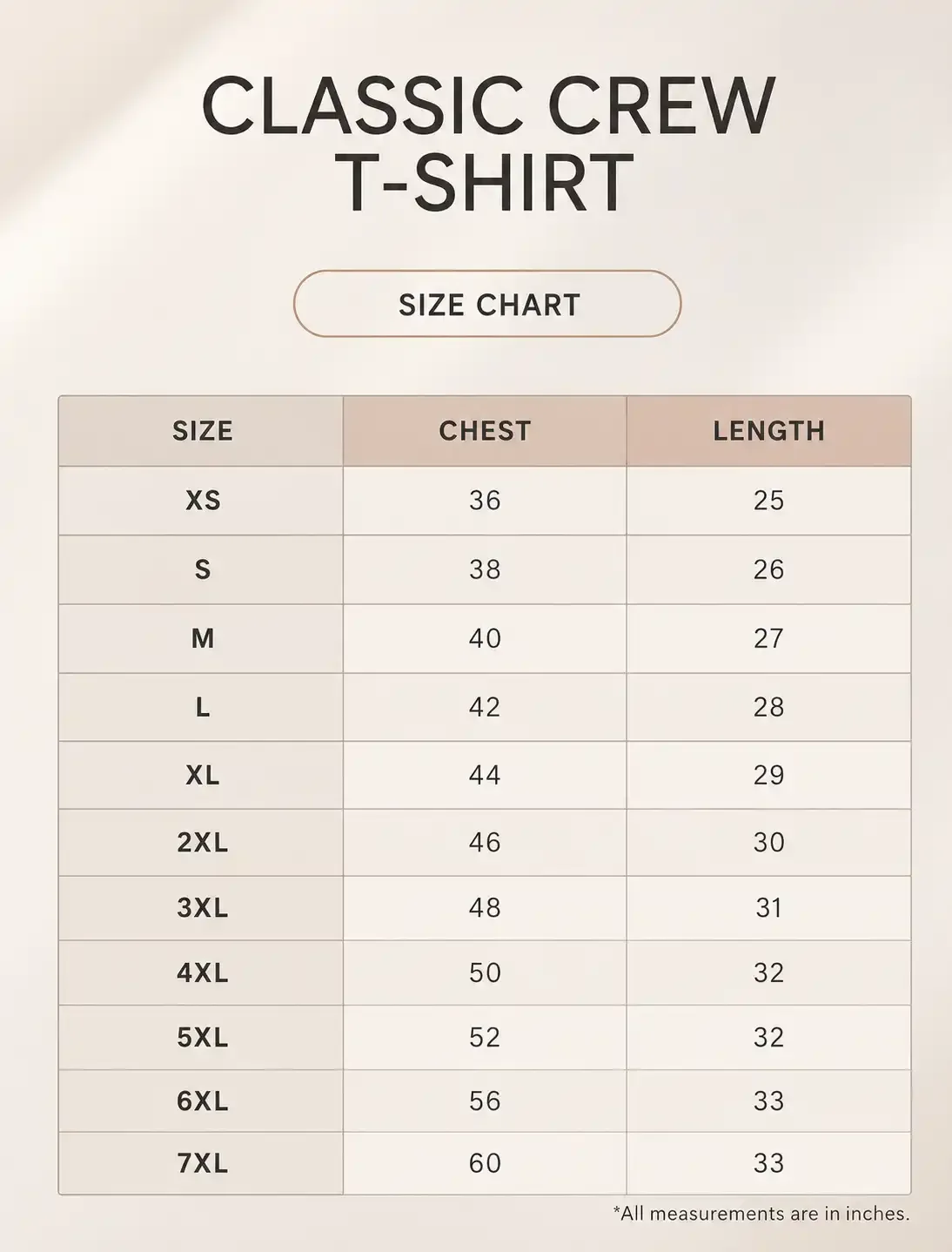 Plus Classic Crew Tshirt size guide
