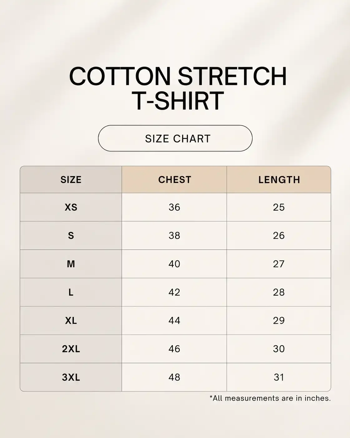 Plus Cotton Stretch Tshirt size guide chart