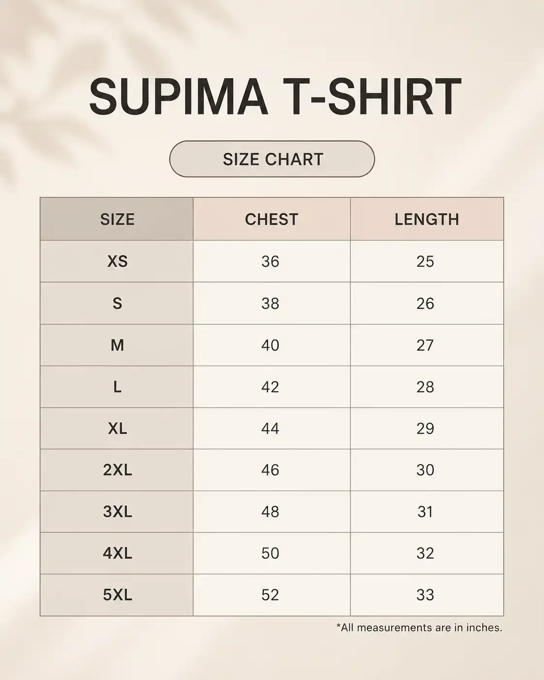 Plus Supima Cotton Tshirt size guide