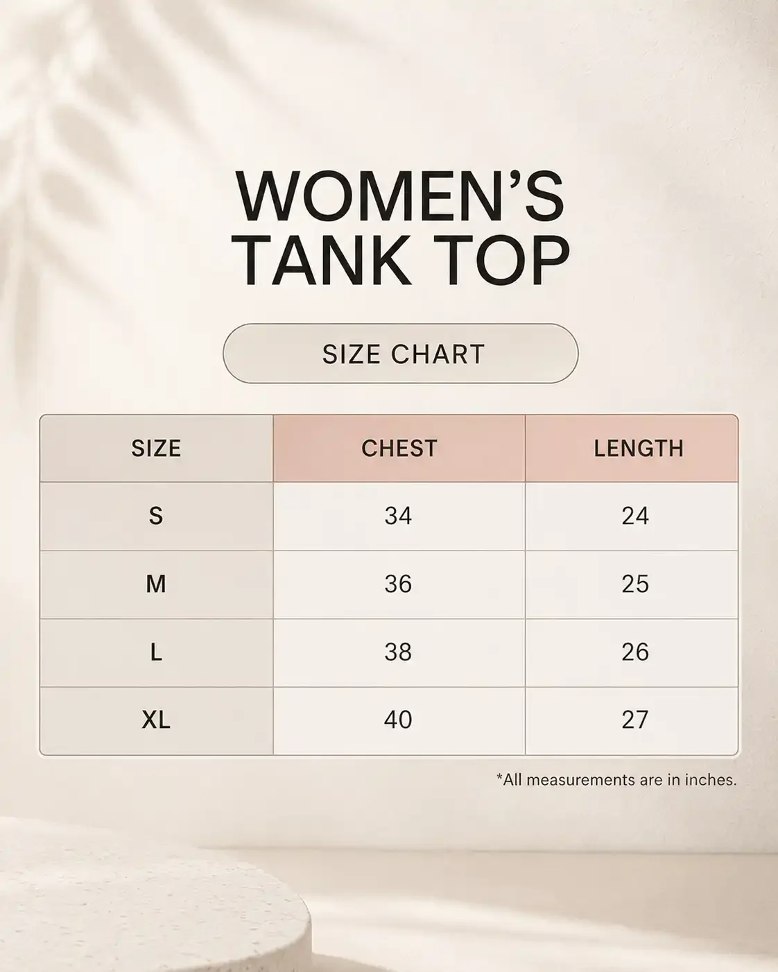 Tank Top size guide chart
