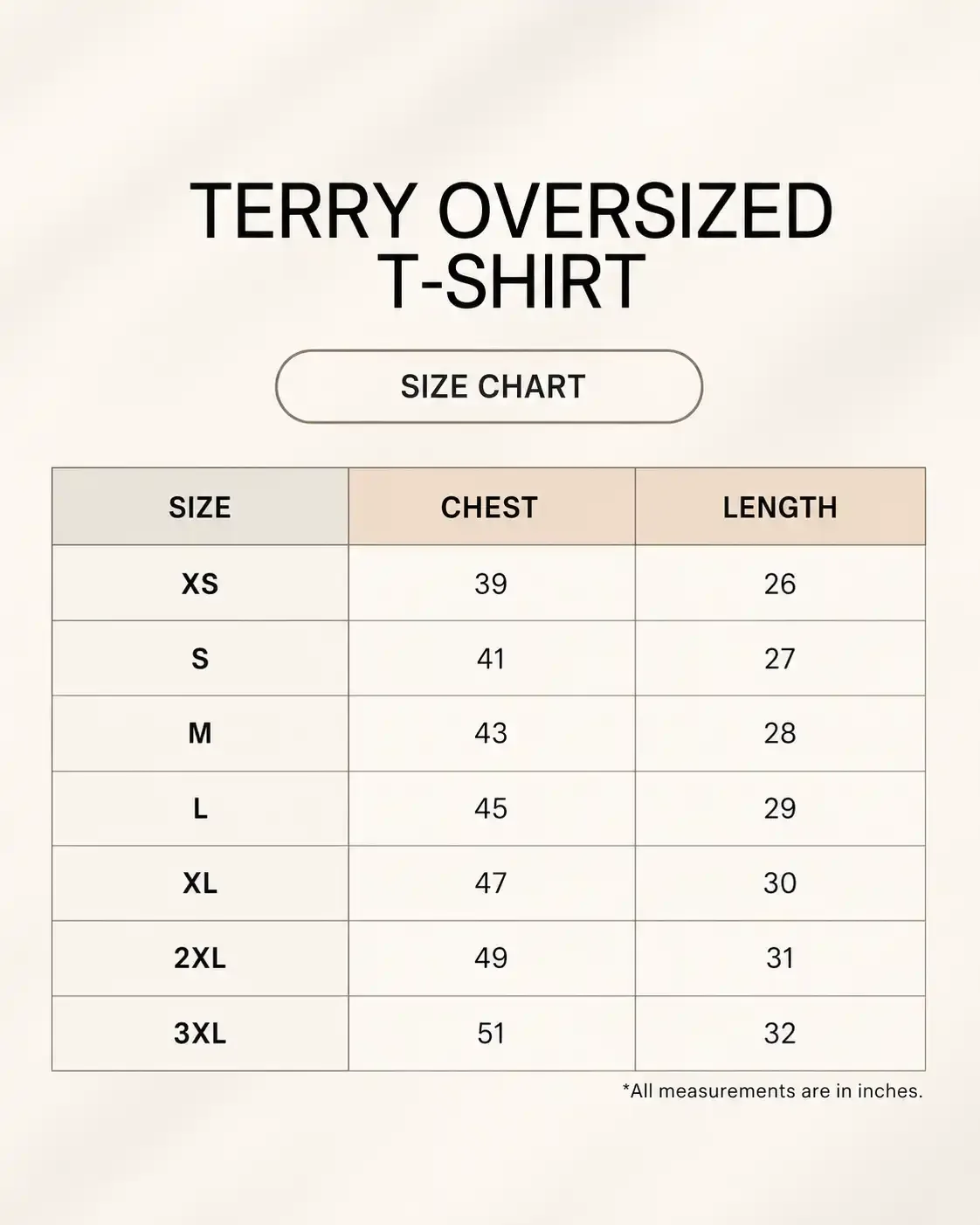 Terry Oversize Tshirt size guide