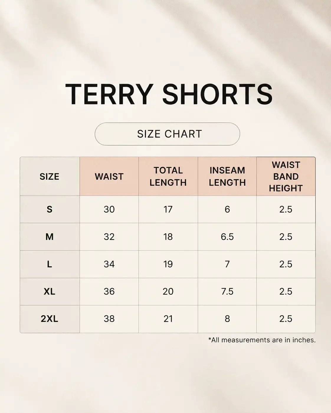 Terry Shorts size guide